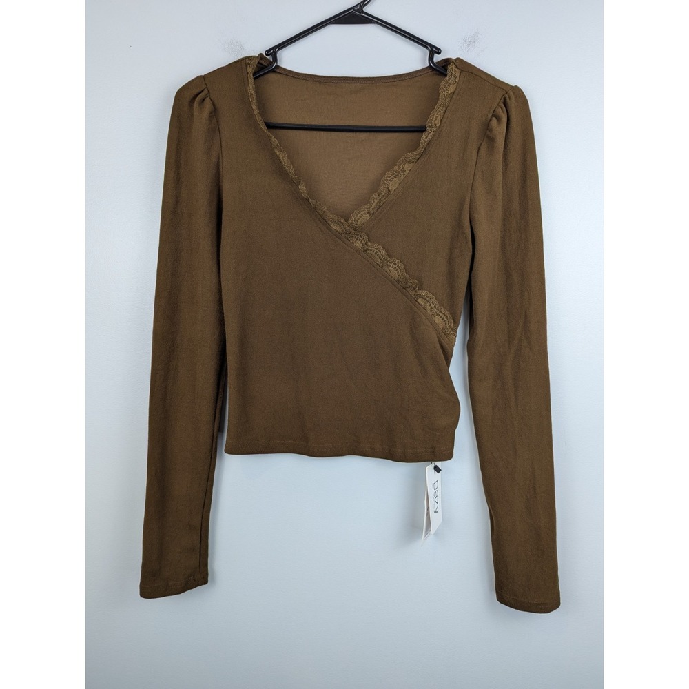 Dazy Women's Brown Long Sleeve Top V-Neck Cropped Lace Trim Y2K Soft Juniors L
